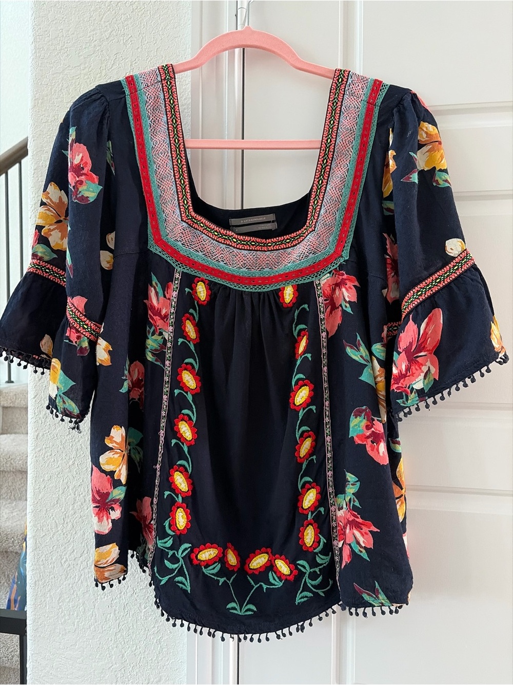 Anthropologie Navy Floral Embroidered Square-Neck Tunic